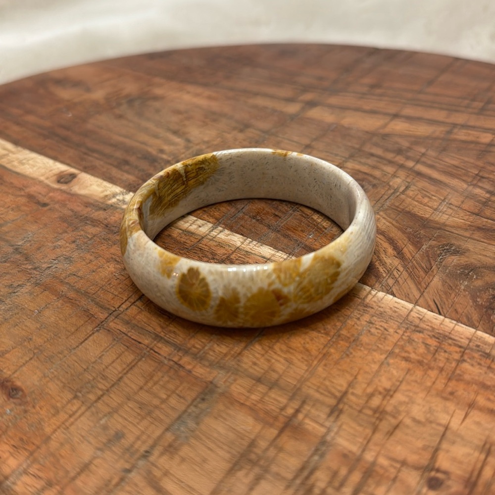Rare Fossil Coral Bangle with Light Brown Flower Pattern & Bone Stripes - 57.1mm